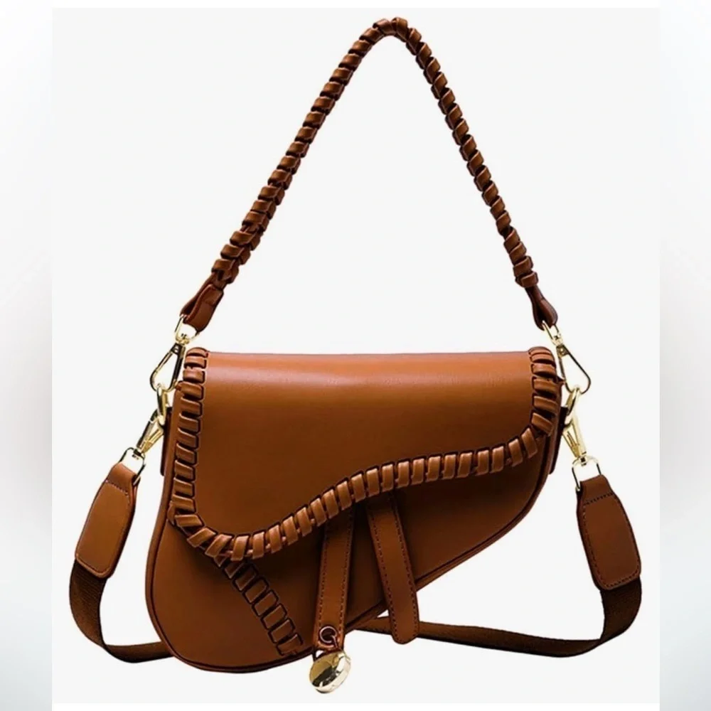 Honey brown saddle bag w/ braided edges crossbody strap, vegan leather lux look